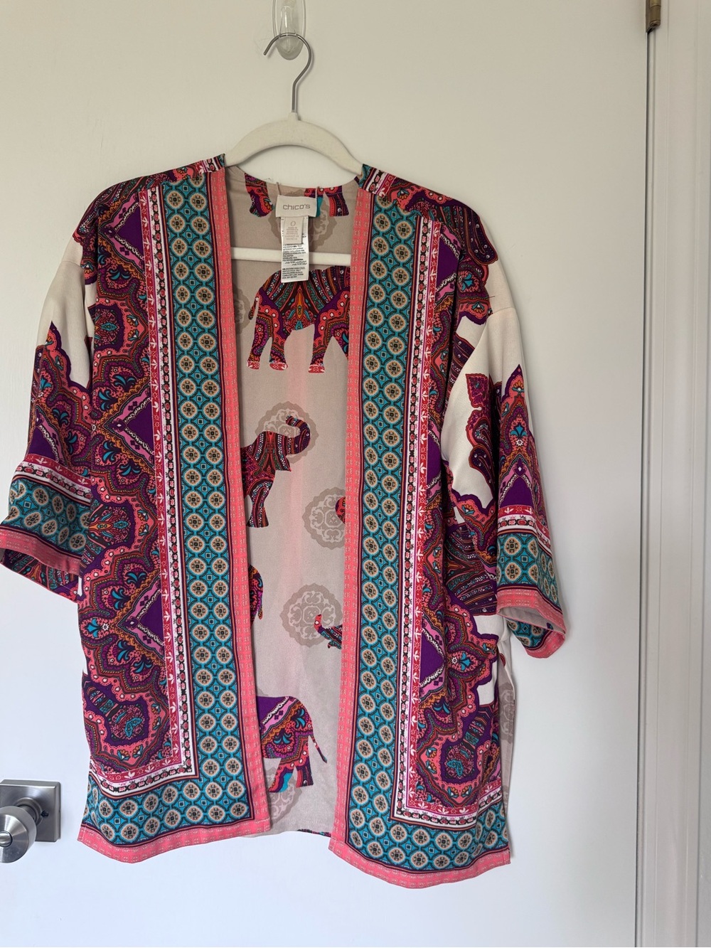 Chico's Pink Purple Teal Paisley Elephant Open-Front Kimono